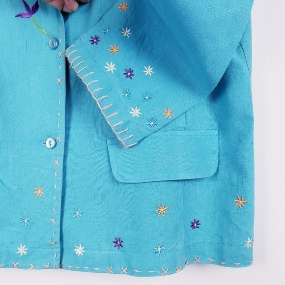 Design‎ Exchange -  Linen Blend Turquoise Floral Embroidered Jacket Size Large - Picture 3 of 6